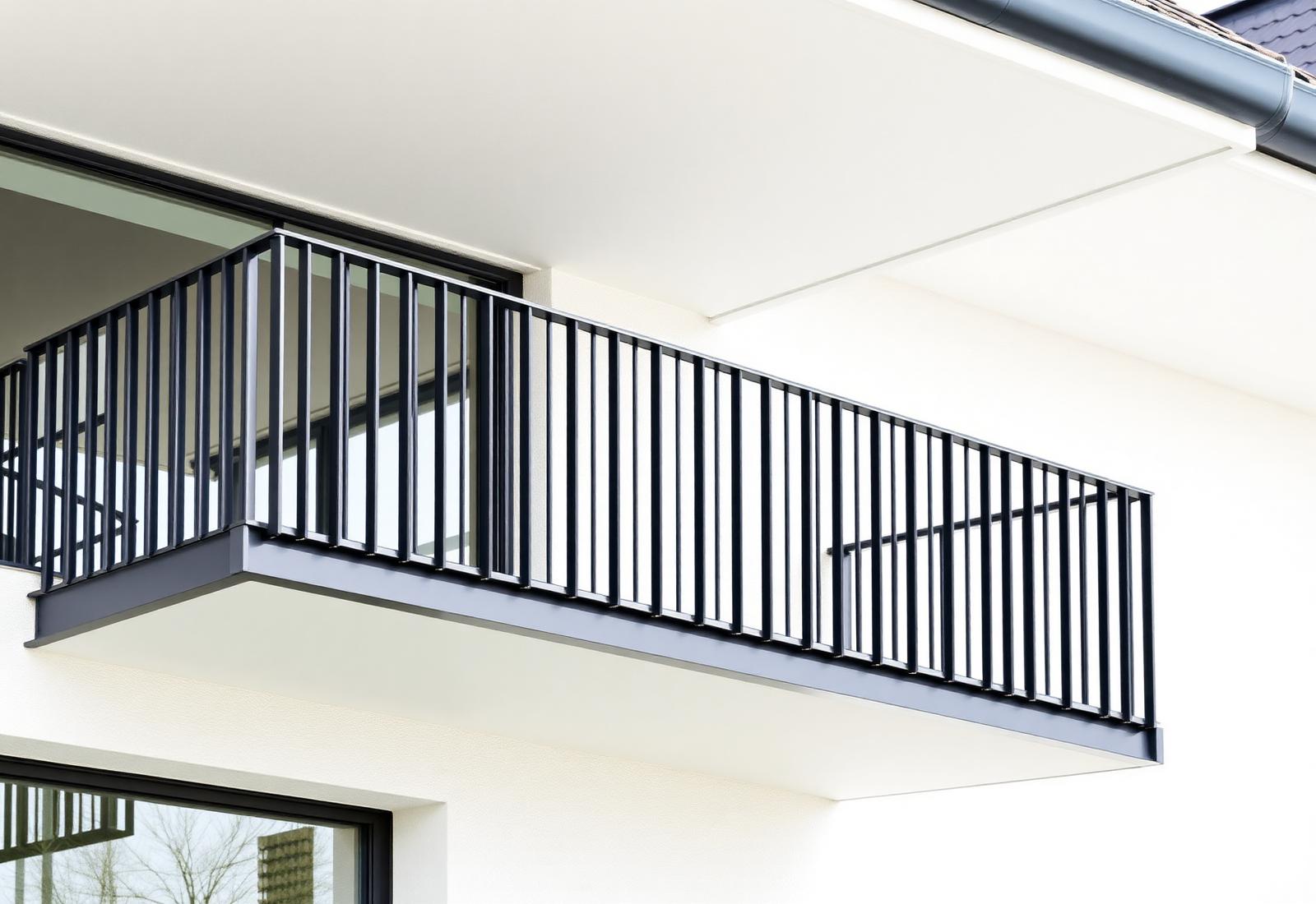 Moderner Stahlbalkon in Anthrazit an weißer Fassade